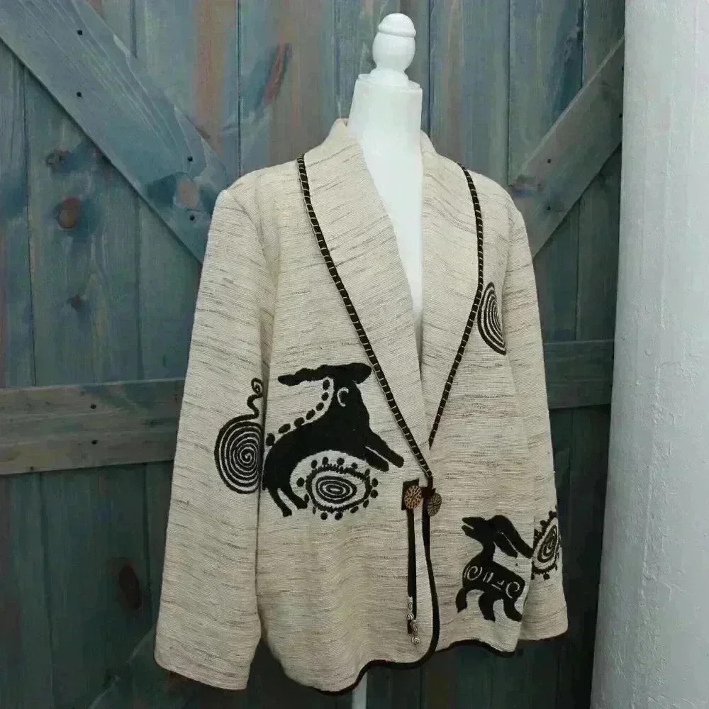 Vintage Southwest Tapestry Jacket Size Large Cotton Linen Blazer Burning Man - Picture 2 of 11